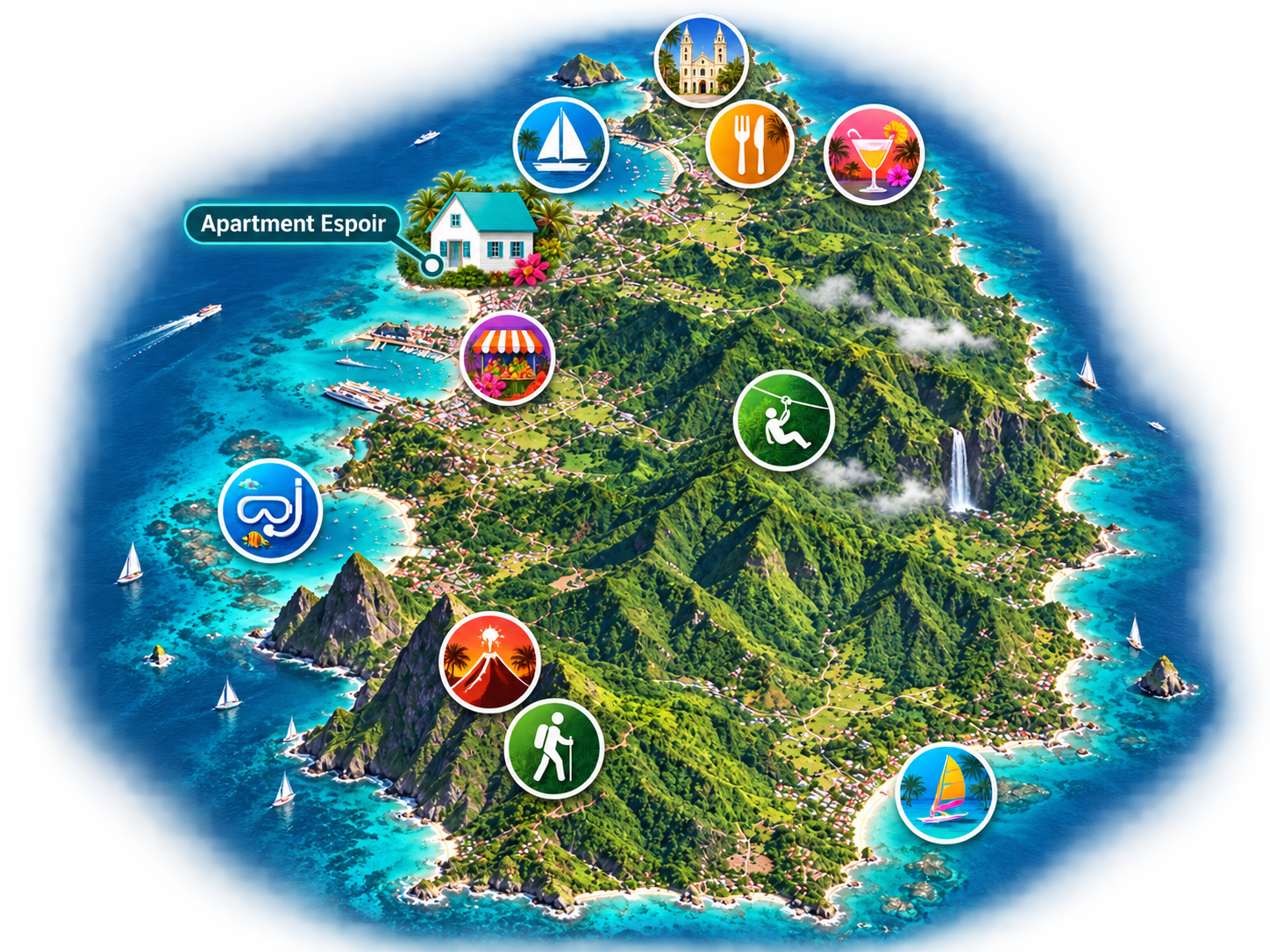 Illustrated map of things to do in Saint Lucia – beaches, snorkelling, sailing, hiking, restaurants, Rodney Bay, Pigeon Island and the Pitons, with Apartment Espoir marked in the north